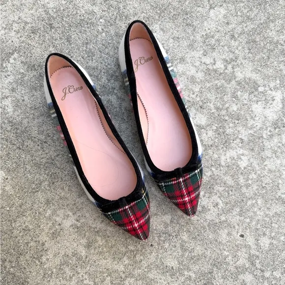 J. Crew Pointed-toe Bow Flats in Snowy Stewart Tartan Plaid 8 Red Black White