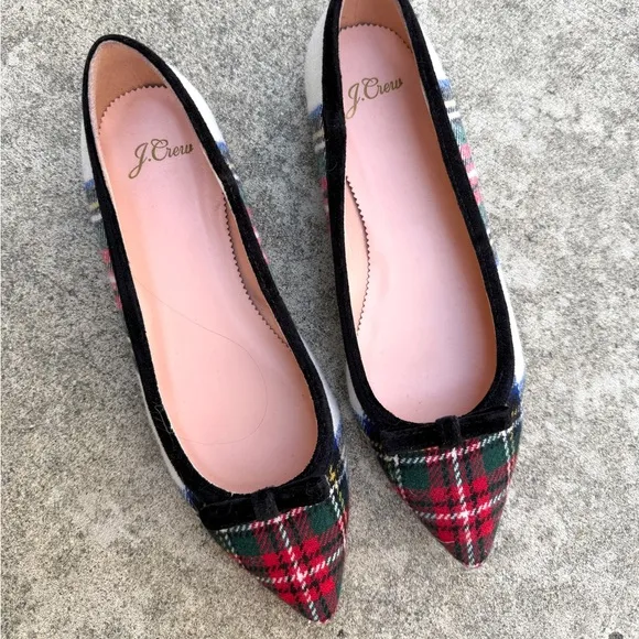 J. Crew Pointed-toe Bow Flats in Snowy Stewart Tartan Plaid 8 Red Black White