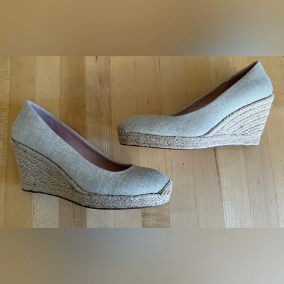 J. Crew Seville Espadrilles Wedges Shoes Neutral Beige Linen Gold Metallic 7.5