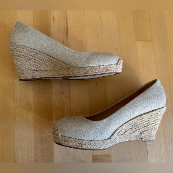 J. Crew Seville Espadrilles Wedges Shoes Neutral Beige Linen Gold Metallic 7.5