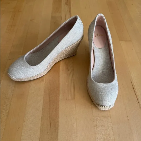 J. Crew Seville Espadrilles Wedges Shoes Neutral Beige Linen Gold Metallic 7.5