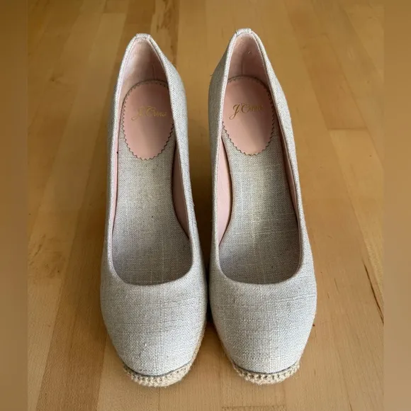 J. Crew Seville Espadrilles Wedges Shoes Neutral Beige Linen Gold Metallic 7.5
