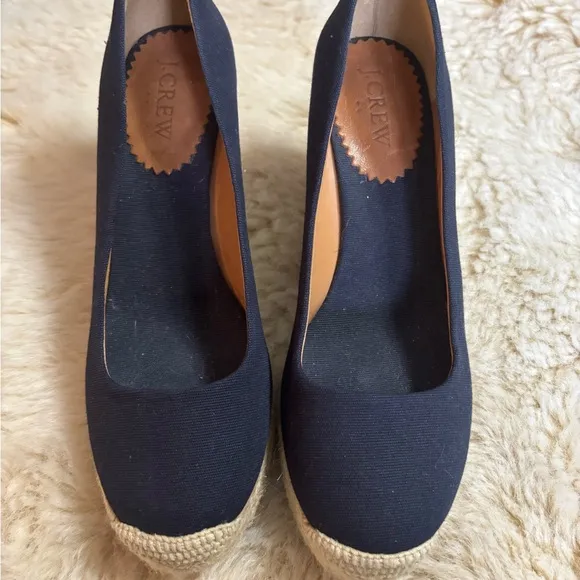 J. Crew Tan and Navy Wedge Espadrilles
