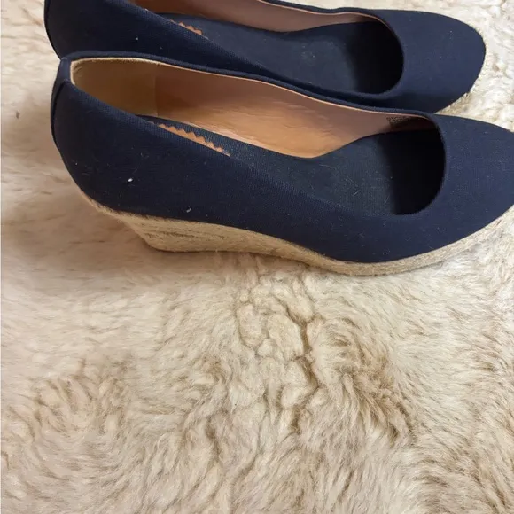 J. Crew Tan and Navy Wedge Espadrilles