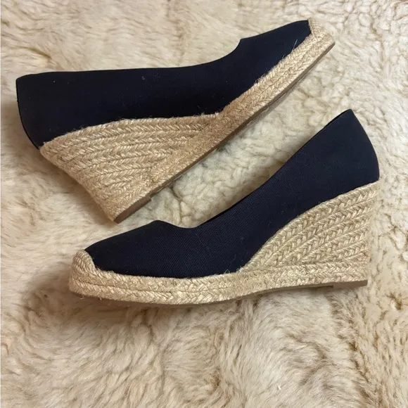 J. Crew Tan and Navy Wedge Espadrilles