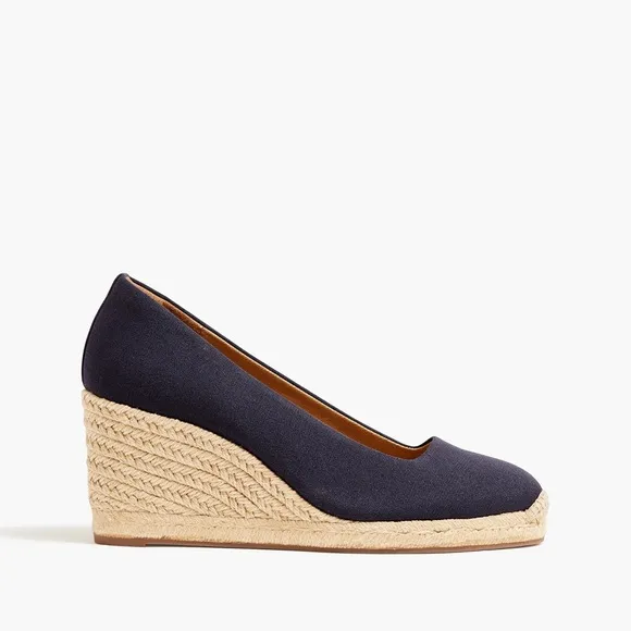 J. Crew Tan and Navy Wedge Espadrilles