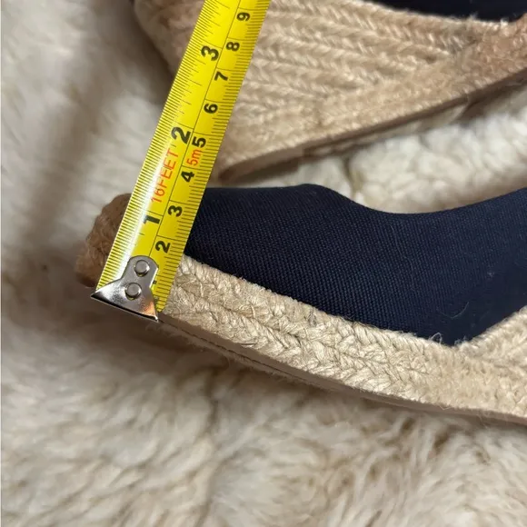 J. Crew Tan and Navy Wedge Espadrilles