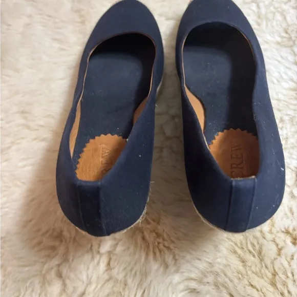 J. Crew Tan and Navy Wedge Espadrilles