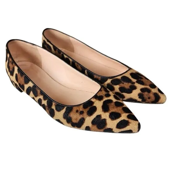 J. Crew- Women’s Pointed-Toe Flats in Leopard Calf Hair, Size 8