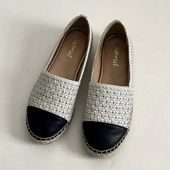 J. McLaughlin Redding 2 Espadrille White/Navy Flat Leather Slip On Shoe 6.5
