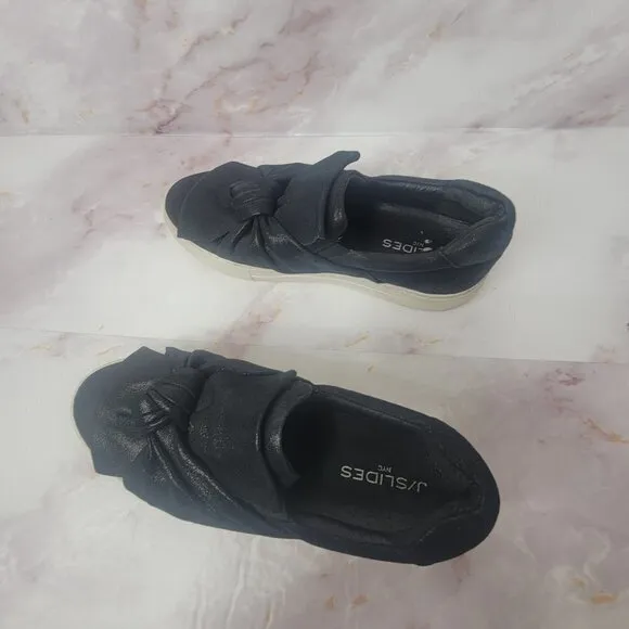 J Slides Women Sz 8.5 Audra Sneaker Shoe Black Leather Knotted Platform