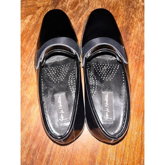 J W Nordstrom Maestro Academia Preppy Black Patent Leather Heel Tuxedo Loafers