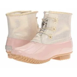 JACK ROGERS Chloe Pink Duck Ankle Boots Lace Up Shimmery Sherpa Lined Size 6