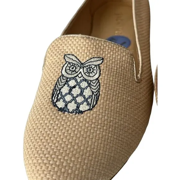 Jack Rogers Ginnie II Loafers Embroidered Owl Size 7.5 Natural Rattan NWOB Tan‎