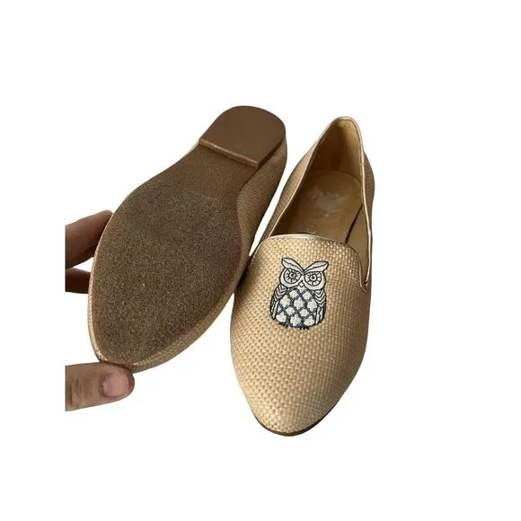 Jack Rogers Ginnie II Loafers Embroidered Owl Size 7.5 Natural Rattan NWOB Tan‎