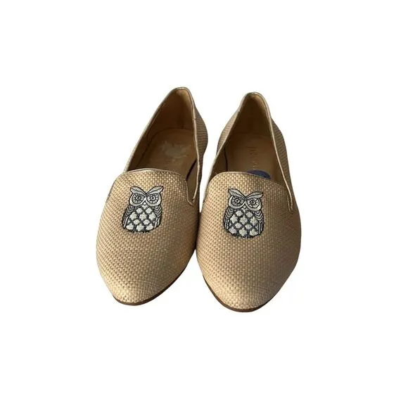 Jack Rogers Ginnie II Loafers Embroidered Owl Size 7.5 Natural Rattan NWOB Tan‎