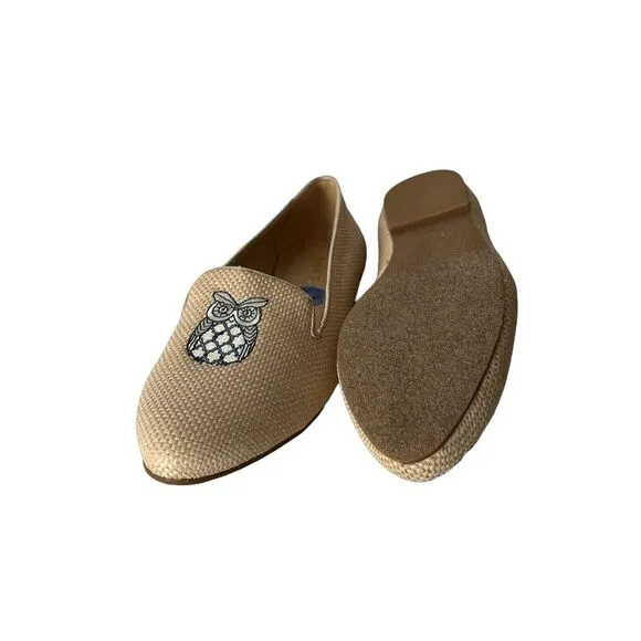 Jack Rogers Ginnie II Loafers Embroidered Owl Size 7.5 Natural Rattan NWOB Tan‎