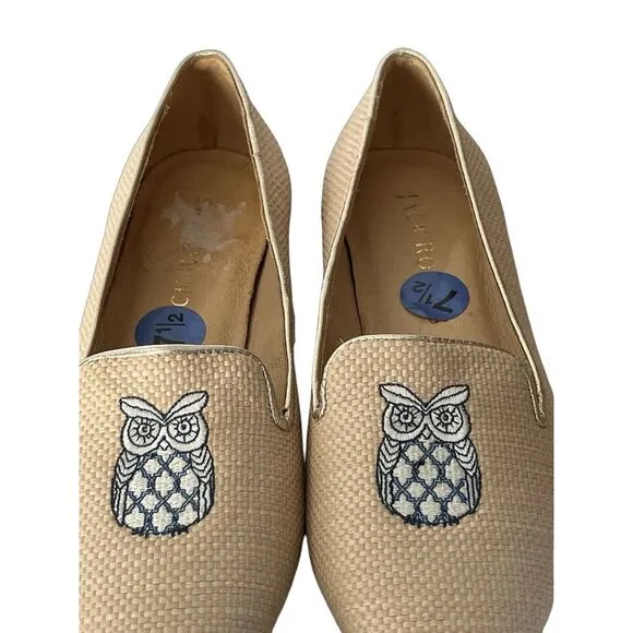 Jack Rogers Ginnie II Loafers Embroidered Owl Size 7.5 Natural Rattan NWOB Tan‎