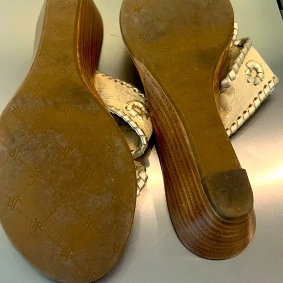 Jack Rogers Gold Wood Wedge Sandals size 5.5 EUC Slides Shoes Thongs