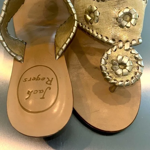 Jack Rogers Gold Wood Wedge Sandals size 5.5 EUC Slides Shoes Thongs