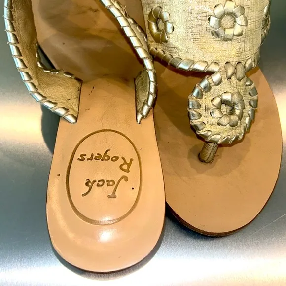 Jack Rogers Gold Wood Wedge Sandals size 5.5 EUC Slides Shoes Thongs