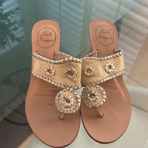Jack Rogers Gold Wood Wedge Sandals size 5.5 EUC Slides Shoes Thongs
