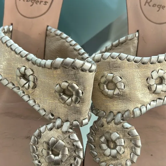 Jack Rogers Gold Wood Wedge Sandals size 5.5 EUC Slides Shoes Thongs