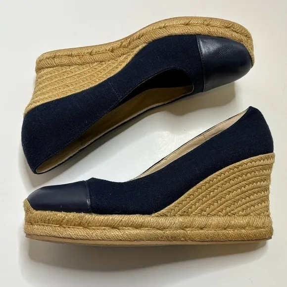 Jack Rogers Palmer Blue Closed Cap Toe Fabric/Leather Wedge Espadrilles Size 8.5