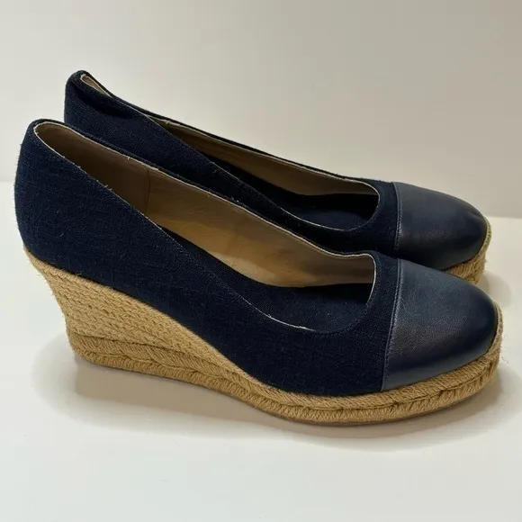 Jack Rogers Palmer Blue Closed Cap Toe Fabric/Leather Wedge Espadrilles Size 8.5