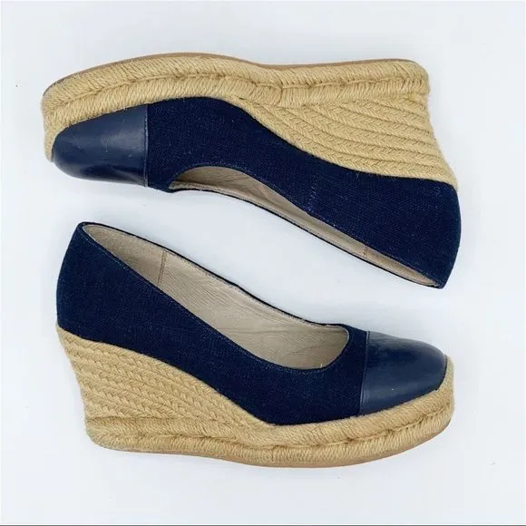 Jack Rogers Palmer Blue Closed Cap Toe Fabric/Leather Wedge Espadrilles Sz 5