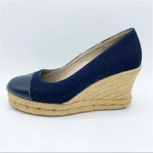 Jack Rogers Palmer Blue Closed Cap Toe Fabric/Leather Wedge Espadrilles Sz 5