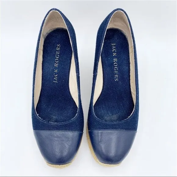 Jack Rogers Palmer Blue Closed Cap Toe Fabric/Leather Wedge Espadrilles Sz 5