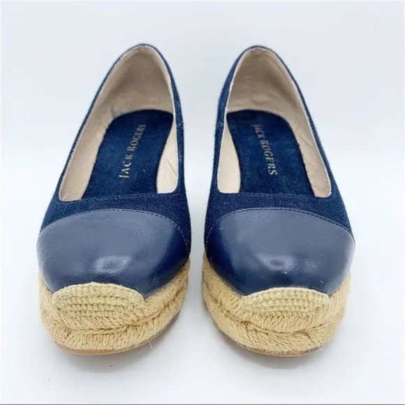 Jack Rogers Palmer Blue Closed Cap Toe Fabric/Leather Wedge Espadrilles Sz 5