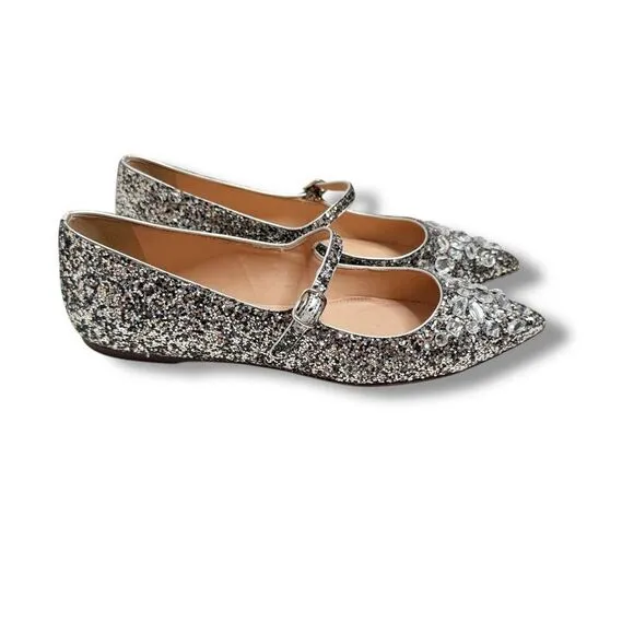 J. Crew Collection Mary Jane Flats Embellished Glitter Silver Women’s Size 7.5