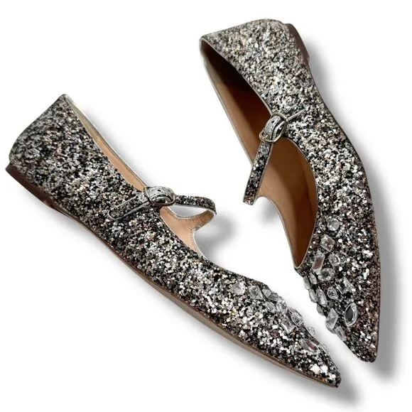J. Crew Collection Mary Jane Flats Embellished Glitter Silver Women’s Size 7.5