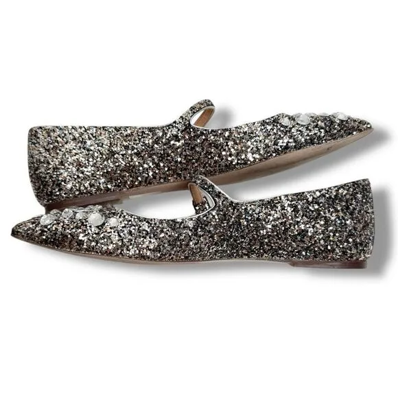 J. Crew Collection Mary Jane Flats Embellished Glitter Silver Women’s Size 7.5