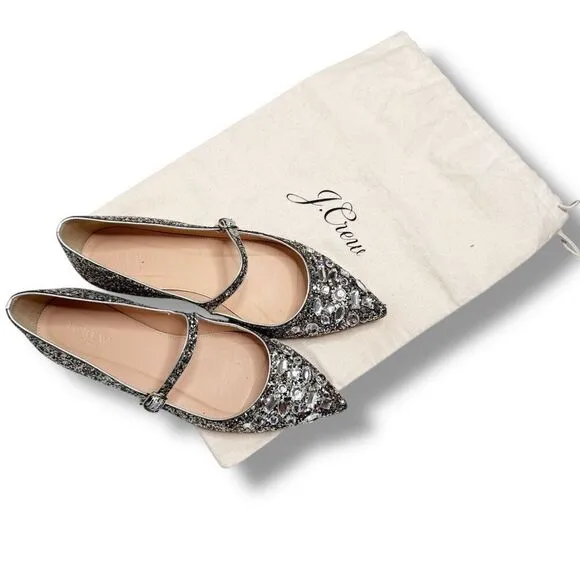 J. Crew Collection Mary Jane Flats Embellished Glitter Silver Women’s Size 7.5
