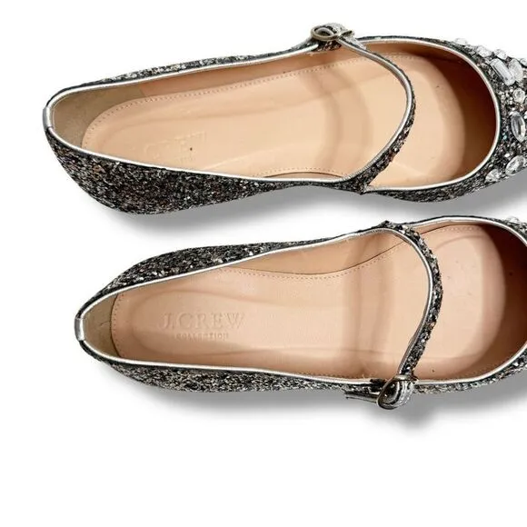 J. Crew Collection Mary Jane Flats Embellished Glitter Silver Women’s Size 7.5