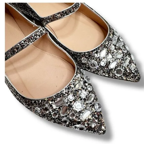 J. Crew Collection Mary Jane Flats Embellished Glitter Silver Women’s Size 7.5