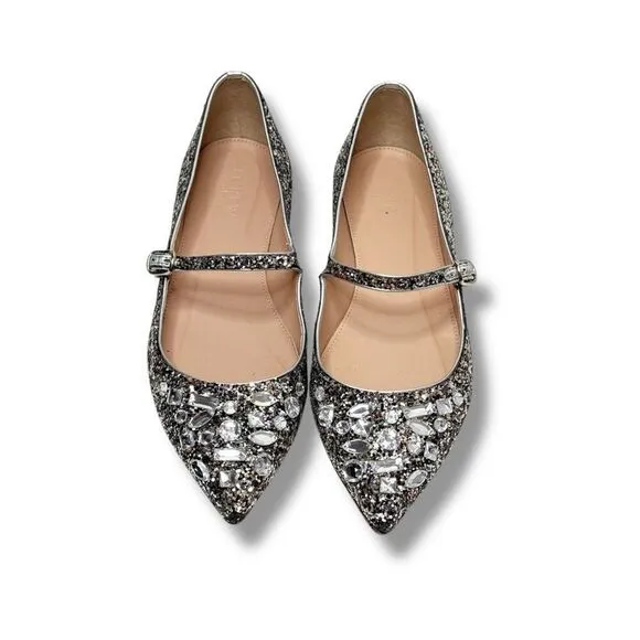 J. Crew Collection Mary Jane Flats Embellished Glitter Silver Women’s Size 7.5
