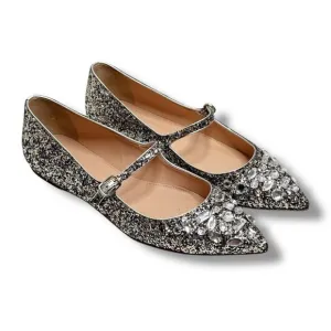 J. Crew Collection Mary Jane Flats Embellished Glitter Silver Women’s Size 7.5