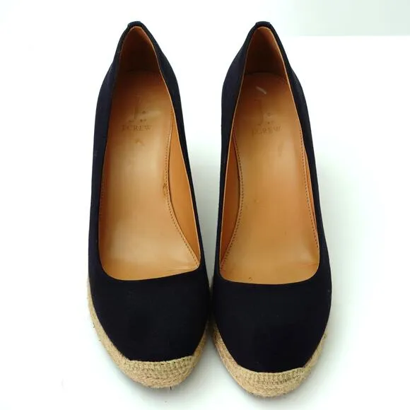 J.Crew Seville Navy Blue Canvas Espadrille Wedge Heel Kate Middleton Women's 10