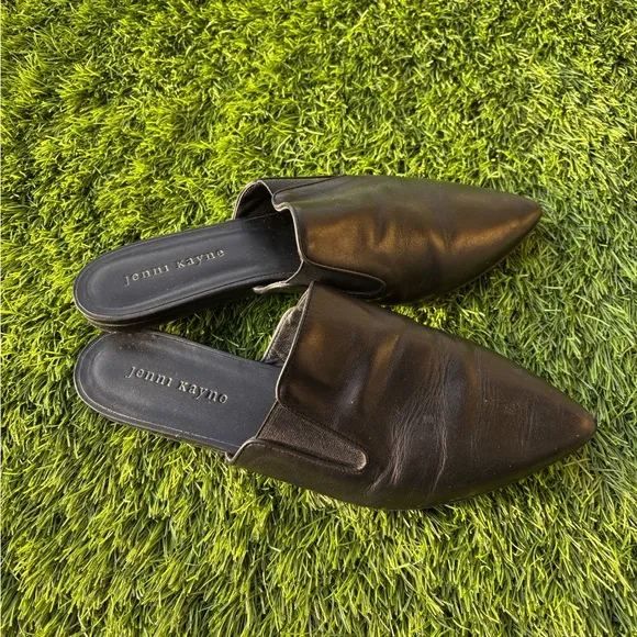 Jenni Kanye Black Leather Mules Slip On Flats Pointed Toe Shoes