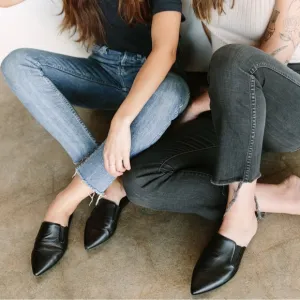 Jenni Kanye Black Leather Mules Slip On Flats Pointed Toe Shoes