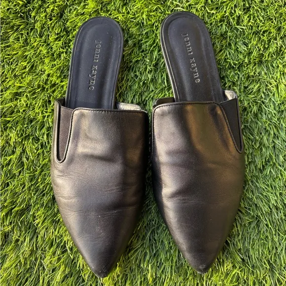 Jenni Kanye Black Leather Mules Slip On Flats Pointed Toe Shoes