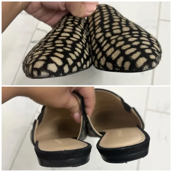 Jenni Kayne Pony Hair Mules 38 Giraffe Black Pointed Toe Flats Slip On