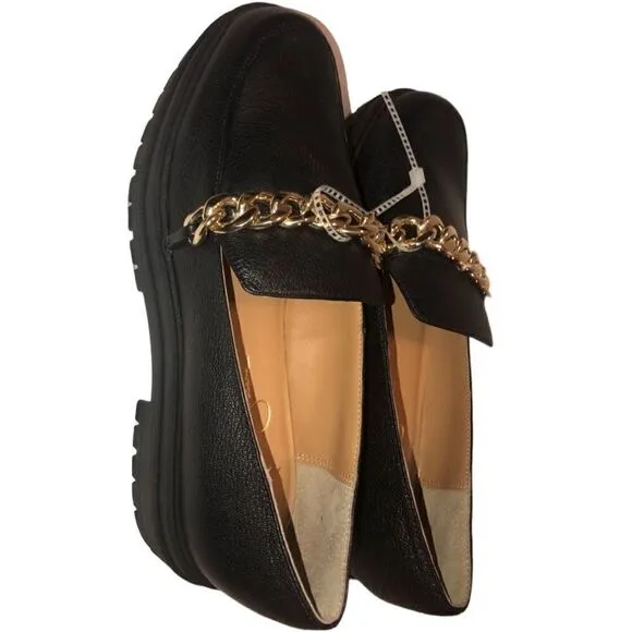 JESSICA SIMPSON Size: 9 1/2 Women’s Black Leather Loafers Gold Metallic Chain …