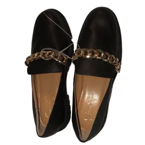 JESSICA SIMPSON Size: 9 1/2 Women’s Black Leather Loafers Gold Metallic Chain …