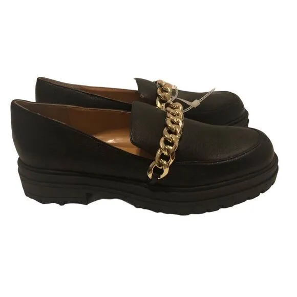 JESSICA SIMPSON Size: 9 1/2 Women’s Black Leather Loafers Gold Metallic Chain …