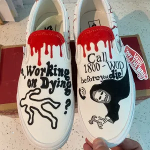 JG CUSTOM VANS INKED SLIP ONS SNEAKERS “WORKING ON DYING” DESIGN RELEASE
